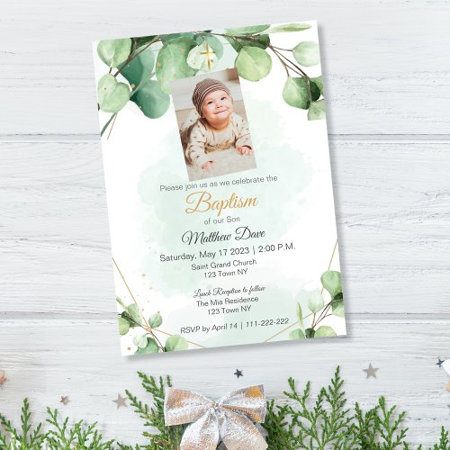 Eucalyptus green leaves Baptism Invitation