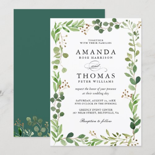 Eucalyptus Green Leaves Border Frame Chic Wedding Invitation