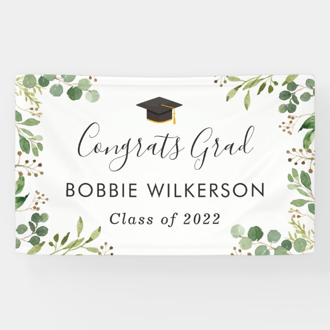 Eucalyptus Green Leaves Congrats Graduation Party Banner (Horizontal)