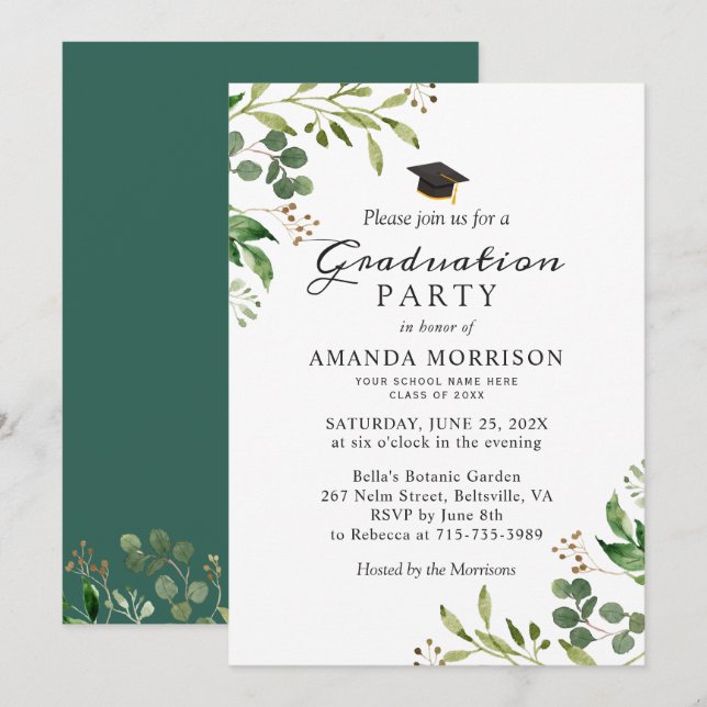 Eucalyptus Green Leaves Graduation Party Invitatio Invitation (Front/Back)