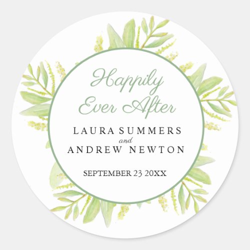 Eucalyptus green leaves happily ever after classic round sticker