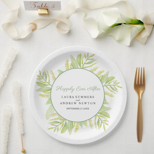 Eucalyptus green leaves happily ever after paper plates (Wedding)