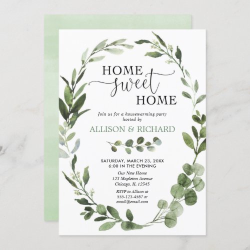 Eucalyptus green leaves housewarming party invitation