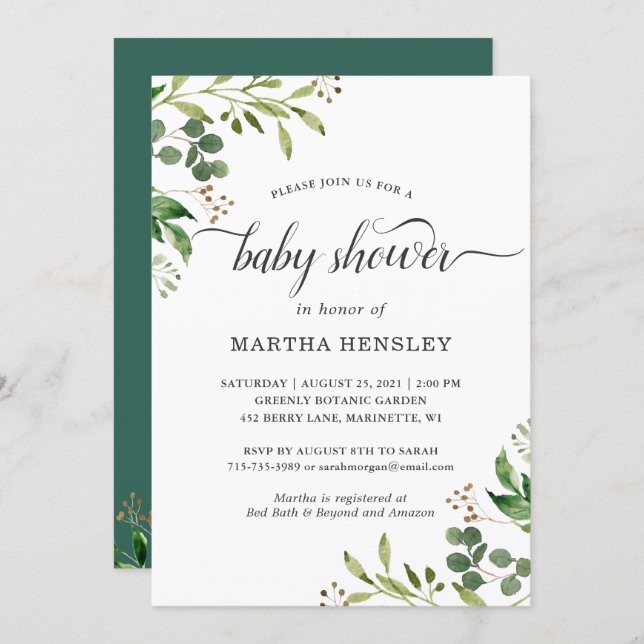 Eucalyptus Green Leaves Nature Look Baby Shower Invitation (Front/Back)
