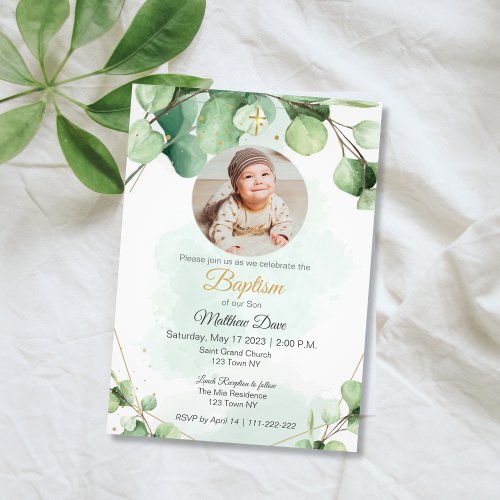 Eucalyptus green leaves photo Baptism Invitation