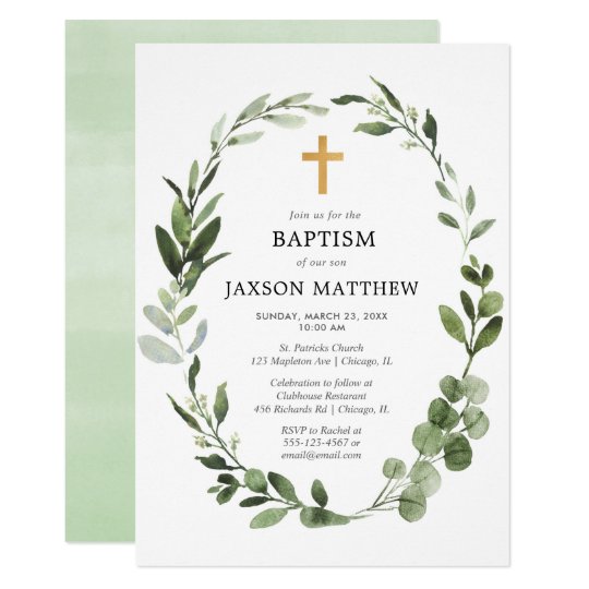 Eucalyptus green leaves simple baptism invitation | Zazzle.com