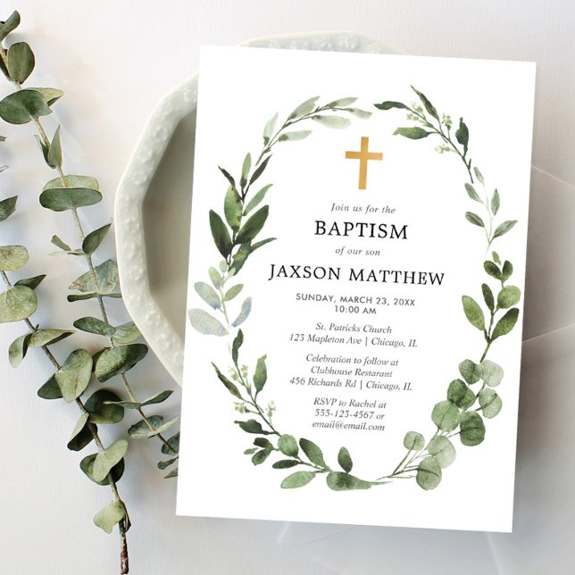 Eucalyptus green leaves simple baptism invitation (Creator Uploaded)