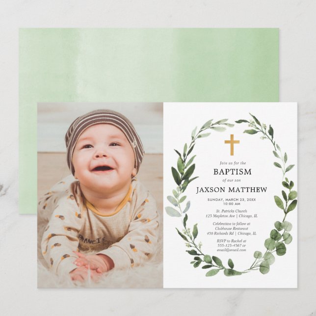 Eucalyptus green leaves simple baptism photo invitation (Front/Back)