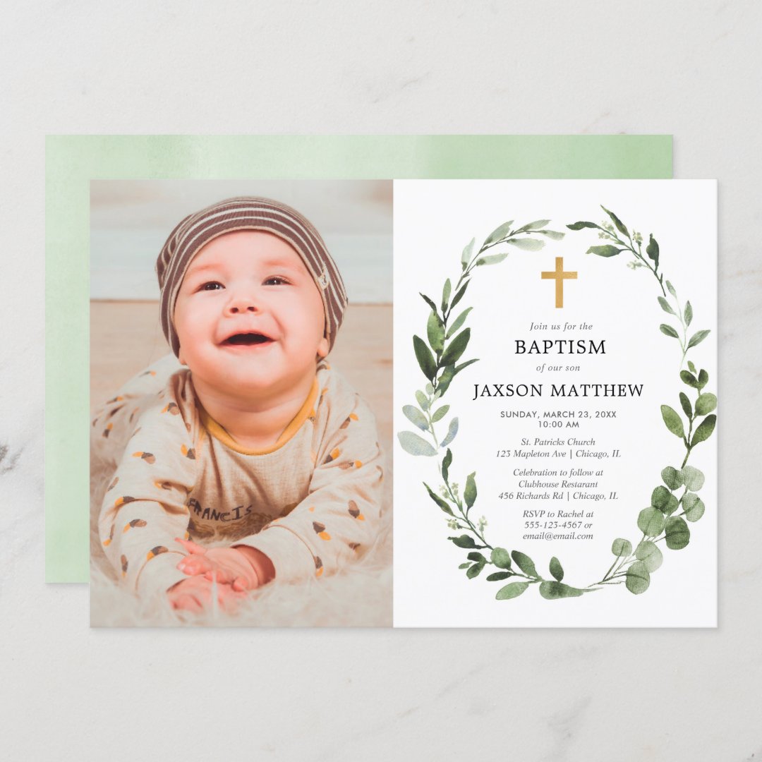 Eucalyptus green leaves simple baptism photo invitation | Zazzle