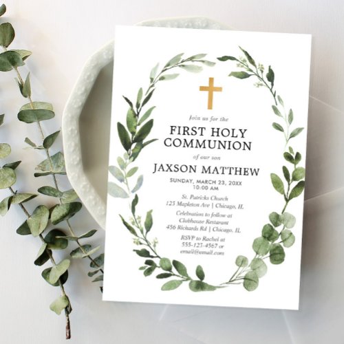 Eucalyptus green leaves simple first communion invitation