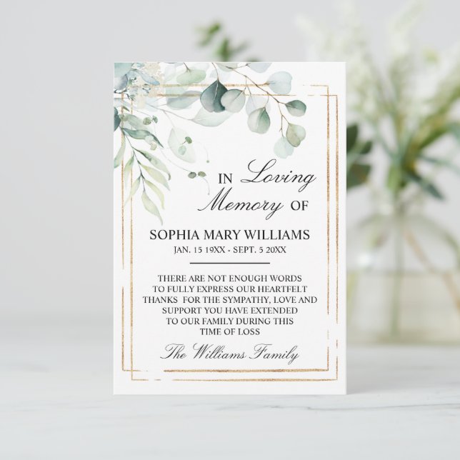 Eucalyptus Green Leaves Sympathy Memory Thank You  Card (Standing Front)