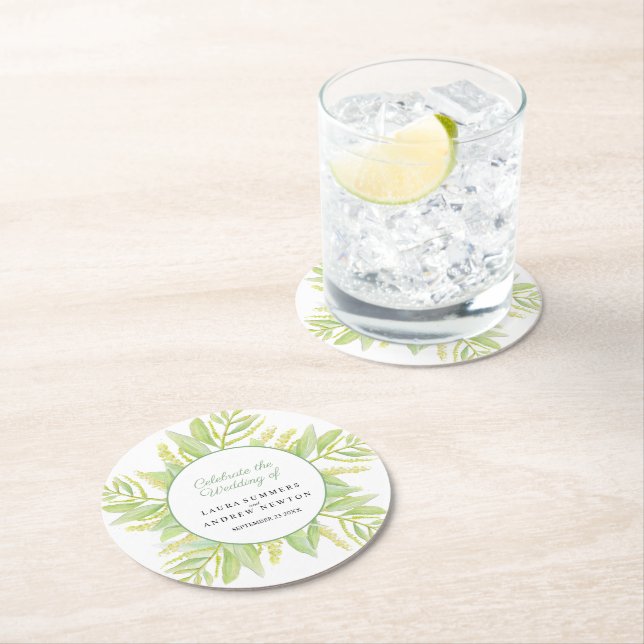 Eucalyptus green leaves watercolor custom wedding  round paper coaster (Insitu)
