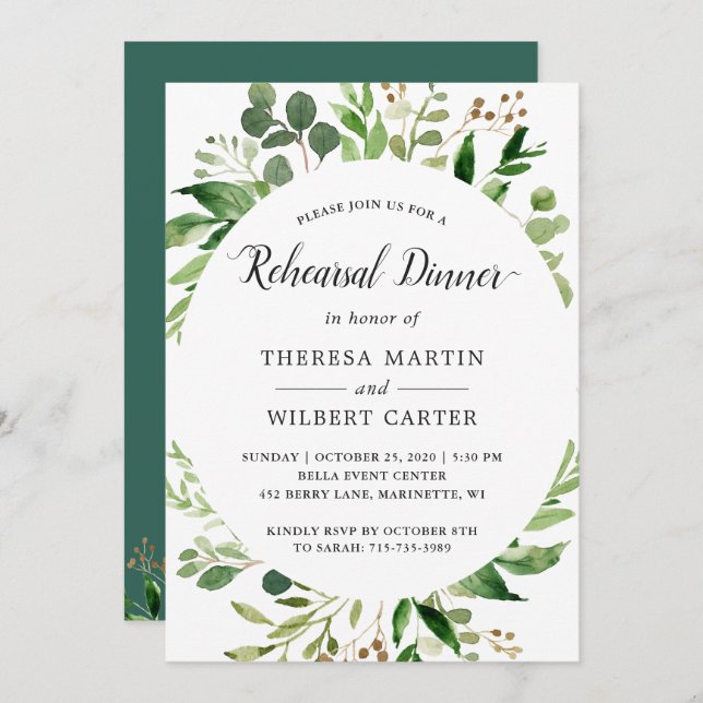 Eucalyptus Green Leaves Wedding Rehearsal Dinner Invitation (Front/Back)