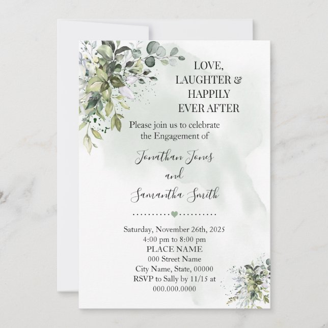Eucalyptus green love laughter happily engagement invitation (Front)
