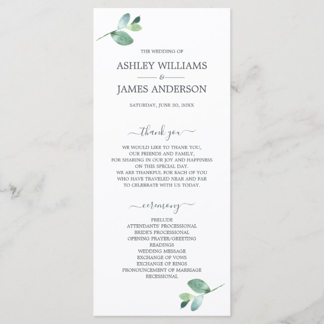 Eucalyptus Green Minimal Wedding Program (Front)
