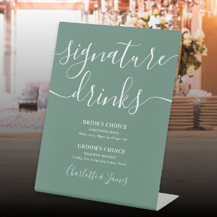 Eucalyptus Green Modern Wedding Signature Drinks Pedestal Sign