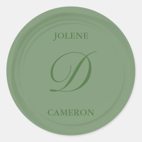 Eucalyptus Green Monogram Faux Wax Wedding Classic Round Sticker