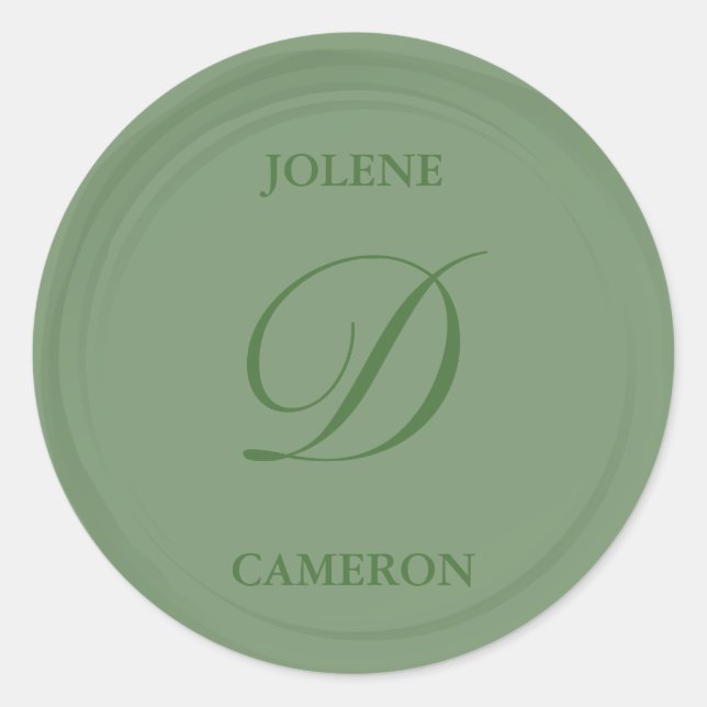 Eucalyptus Green Monogram Faux Wax Wedding Classic Round Sticker (Front)