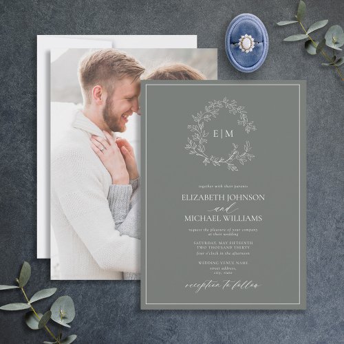 Eucalyptus Green Monogram Photo Wedding Invitation