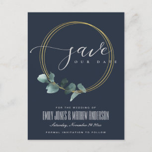 EUCALYPTUS GREEN NAVY FOLIAGE WREATH SAVE THE DATE ANNOUNCEMENT POSTCARD