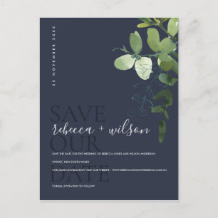 EUCALYPTUS GREEN NAVY WATERCOLOR SAVE THE DATE ANNOUNCEMENT POSTCARD