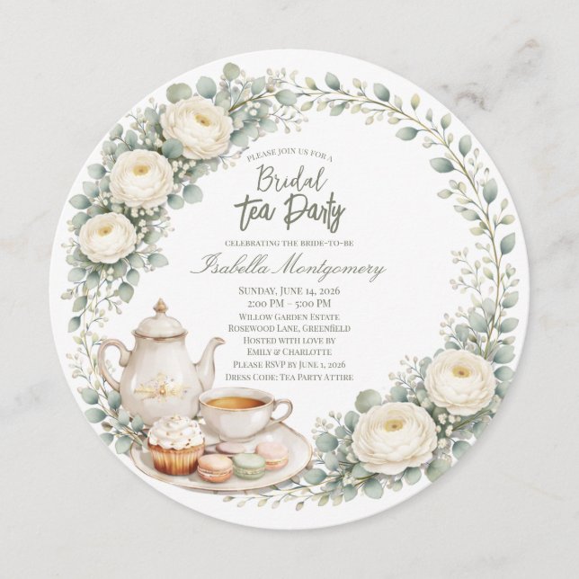 Eucalyptus Green Palette Tea Party Bridal Shower Invitation (Front)