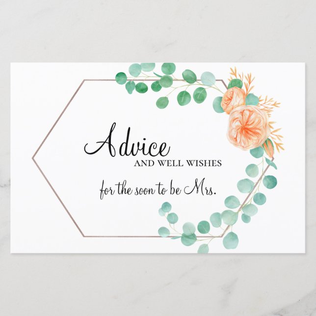 Eucalyptus Green Peach Floral Bridal Advice Card (Front)
