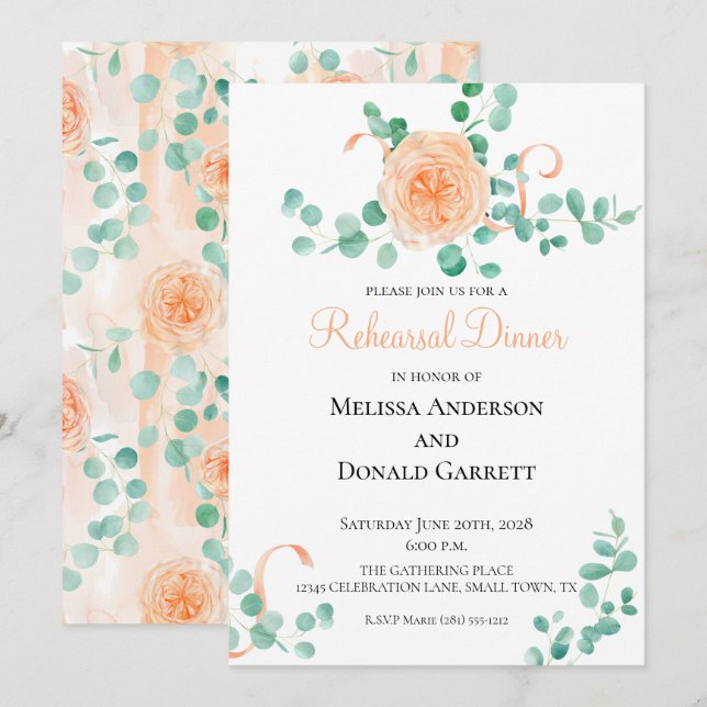 Eucalyptus Green Peach Floral Rehearsal Dinner Invitation (Front/Back)