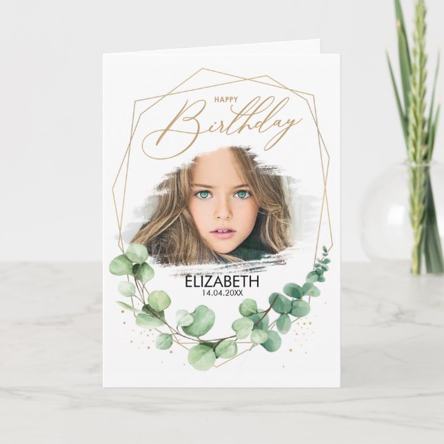 Eucalyptus Green Photo Happy Birthday Greeting Card (Front)