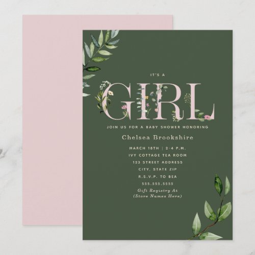 Eucalyptus Green Pink Girl Baby Shower Invitation