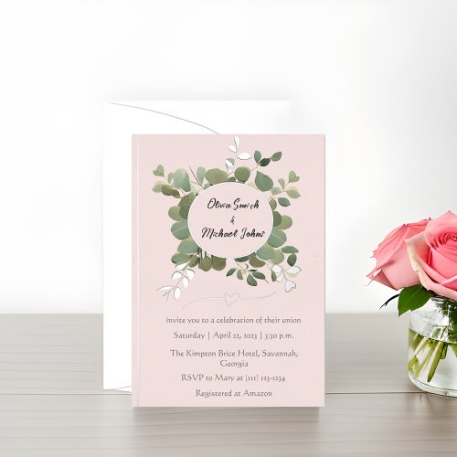 Eucalyptus Green Pink Silver Wedding Invitation
