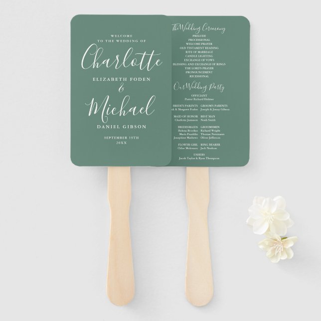 Eucalyptus Green Signature Script Wedding Program Hand Fan (Front and Back)
