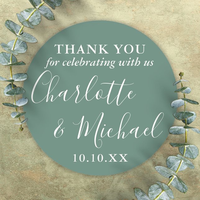 Eucalyptus Green Signature Wedding Favor Thank You Classic Round Sticker (Eucalyptus Green Signature Wedding Favor Thank You Classic Round Sticker)