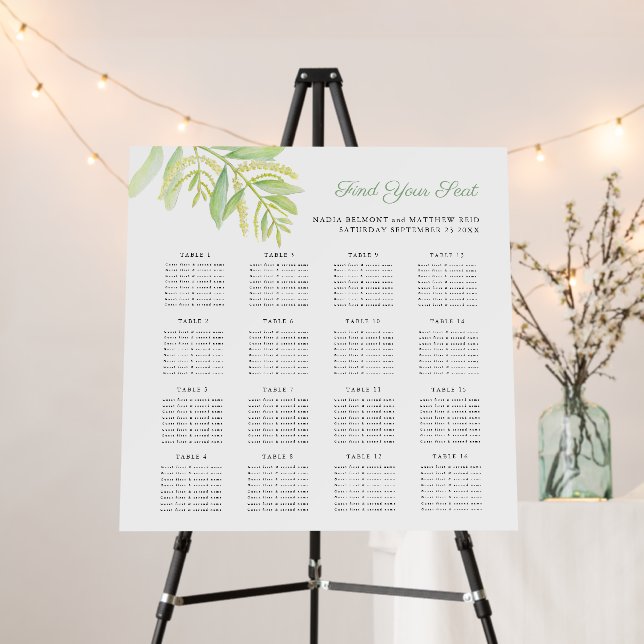 Eucalyptus green wedding 16 table seating chart fo foam board (In Situ (Stand))