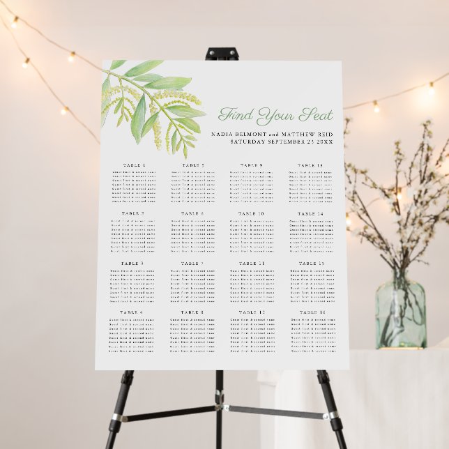 Eucalyptus green wedding 16 table seating chart  foam board (In Situ (Stand))