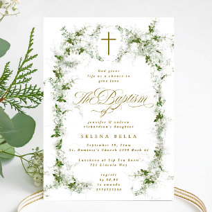 Eucalyptus Green White Frame Cross Baptism Invitation