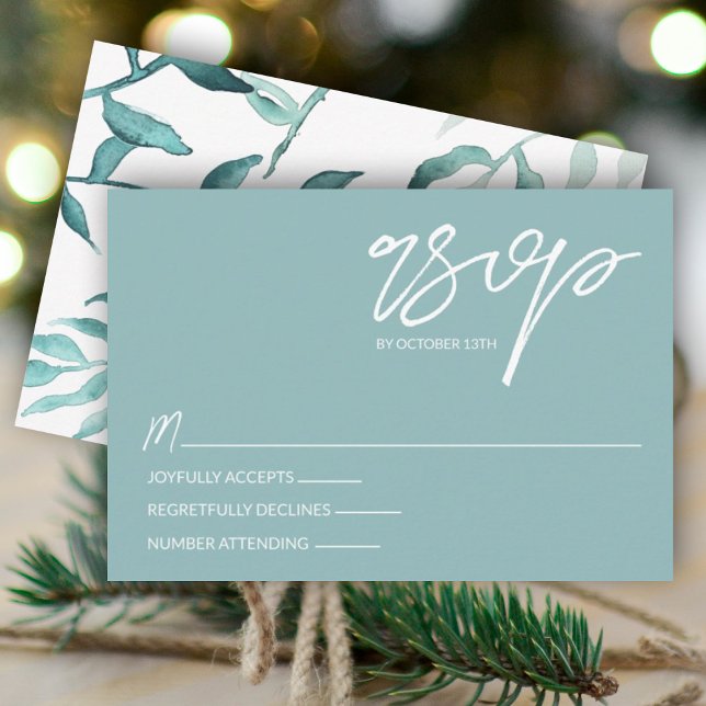 Eucalyptus Green, Winter Leaves Wedding RSVP Card (light green eucalyptus wedding rsvp card elegant script calligraphy simple enclosure wedding card)
