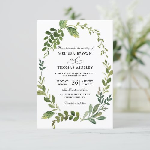 Eucalyptus Green Wreath Budget QR Code Wedding Invitation