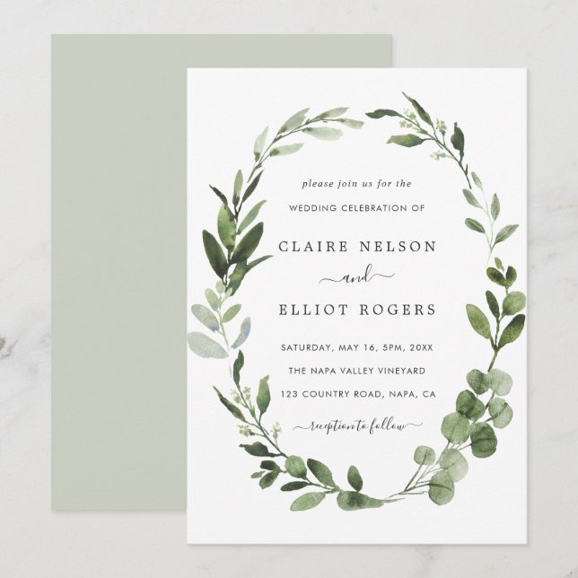 Eucalyptus Green Wreath Wedding Invitation (Front/Back)