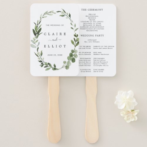 Eucalyptus Green Wreath Wedding Program Hand Fan