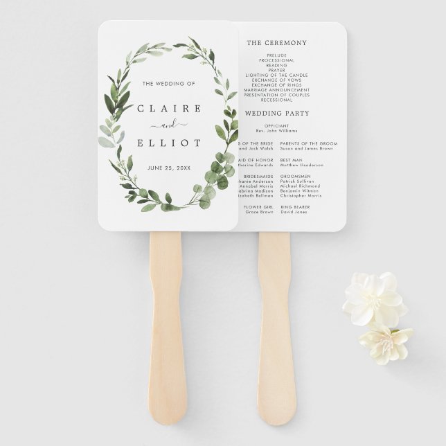 Eucalyptus Green Wreath Wedding Program Hand Fan (Front and Back)