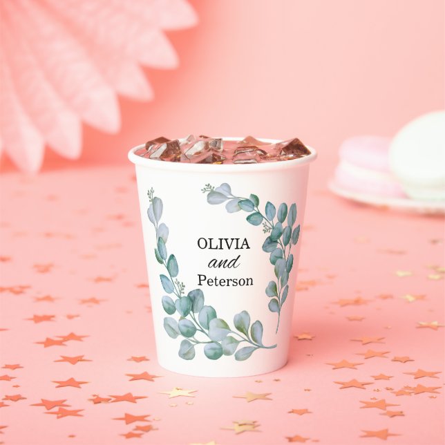 Eucalyptus greenary wedding paper cop cups (Insitu)