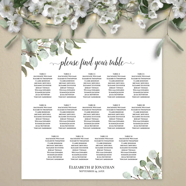 Eucalyptus Greenery 14 Table Wedding Seating Chart | Zazzle