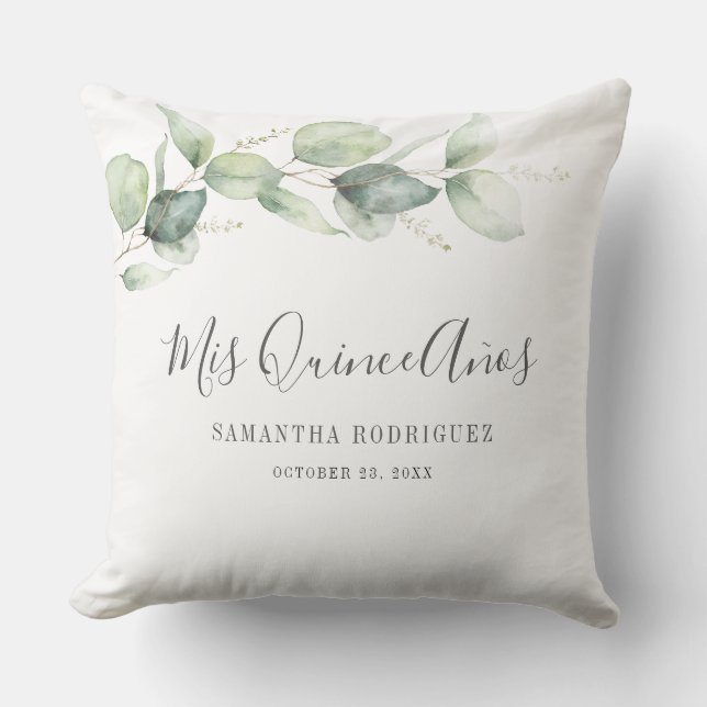 Eucalyptus Greenery 15th Birthday Mis Quince Anos Outdoor Pillow (Front)