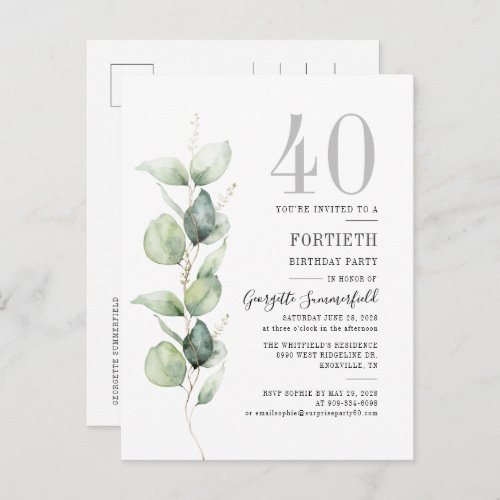 Eucalyptus Greenery 40th Birthday Botanical Party Invitation Postcard