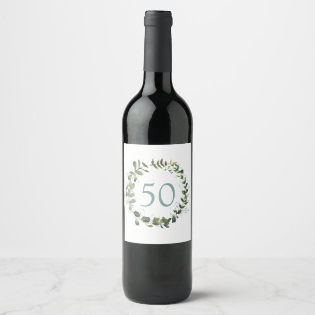 Eucalyptus Greenery 50th Birthday  Wine Label (Front)