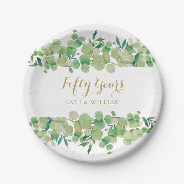 Eucalyptus Greenery 50th Gold Wedding Anniversary Paper Plates (Front)