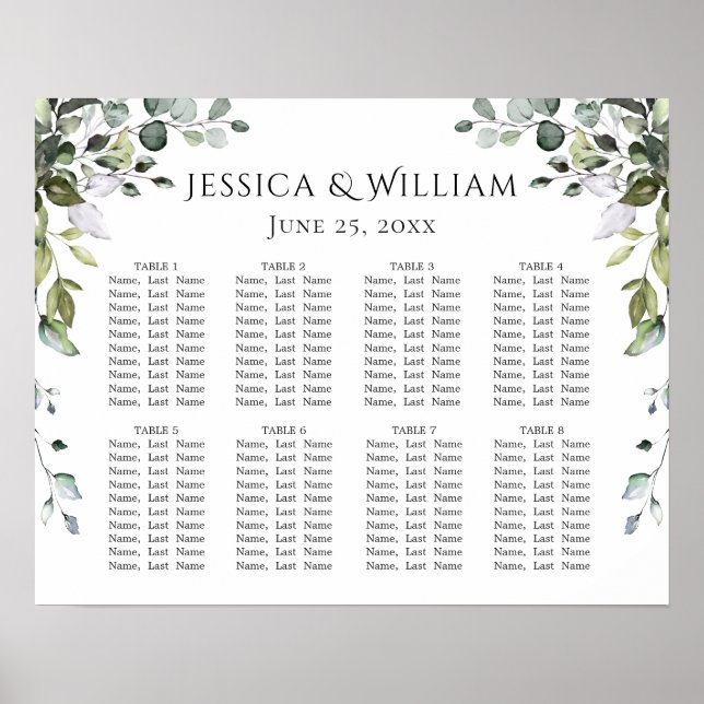 Eucalyptus Greenery 8 Tables Wedding SEATING CHART (Front)