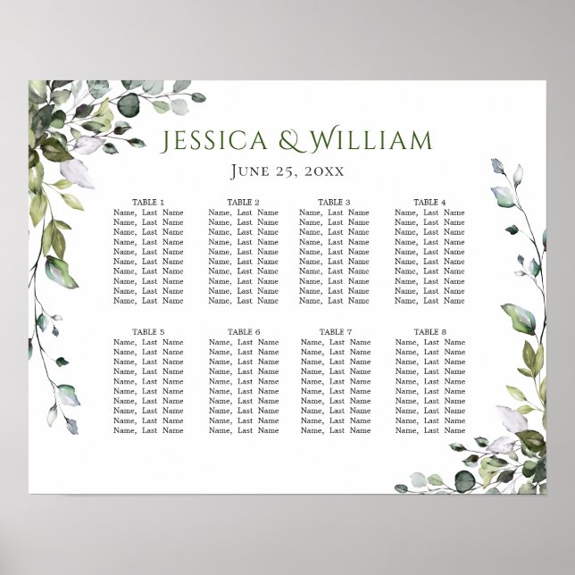 Eucalyptus Greenery 8 Tables Wedding SEATING CHART (Front)