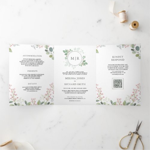 Eucalyptus Greenery All in One QR Code Wedding Tri-Fold Invitation